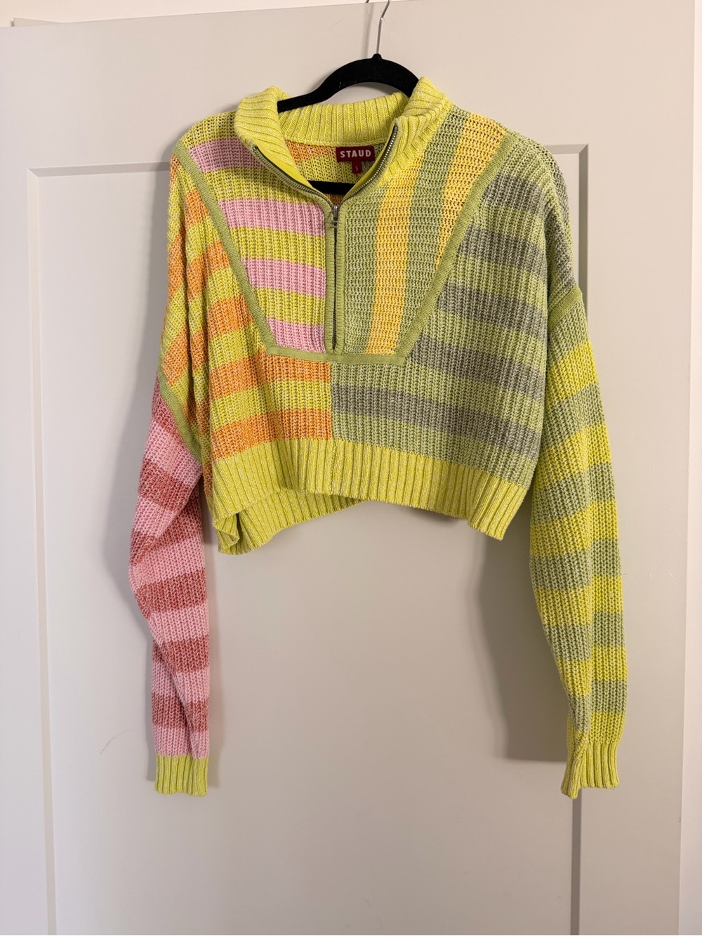 STAUD Neon Yellow, Pink & Orange Striped Cropped Hampton Sweater
